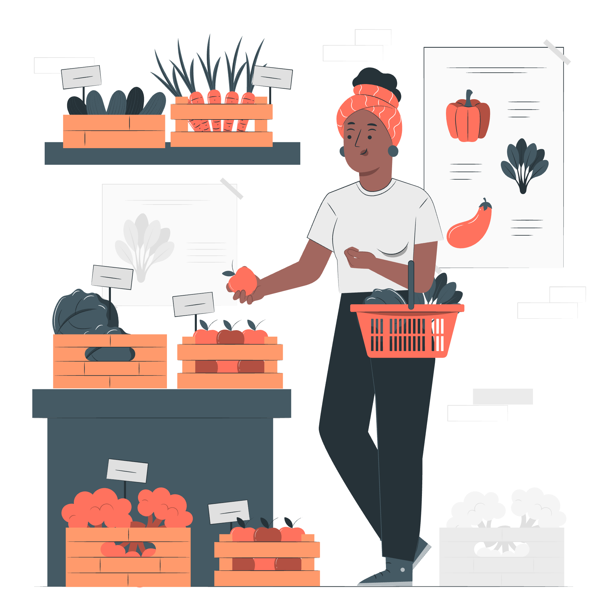 スーパーで買い物に悩むイラスト